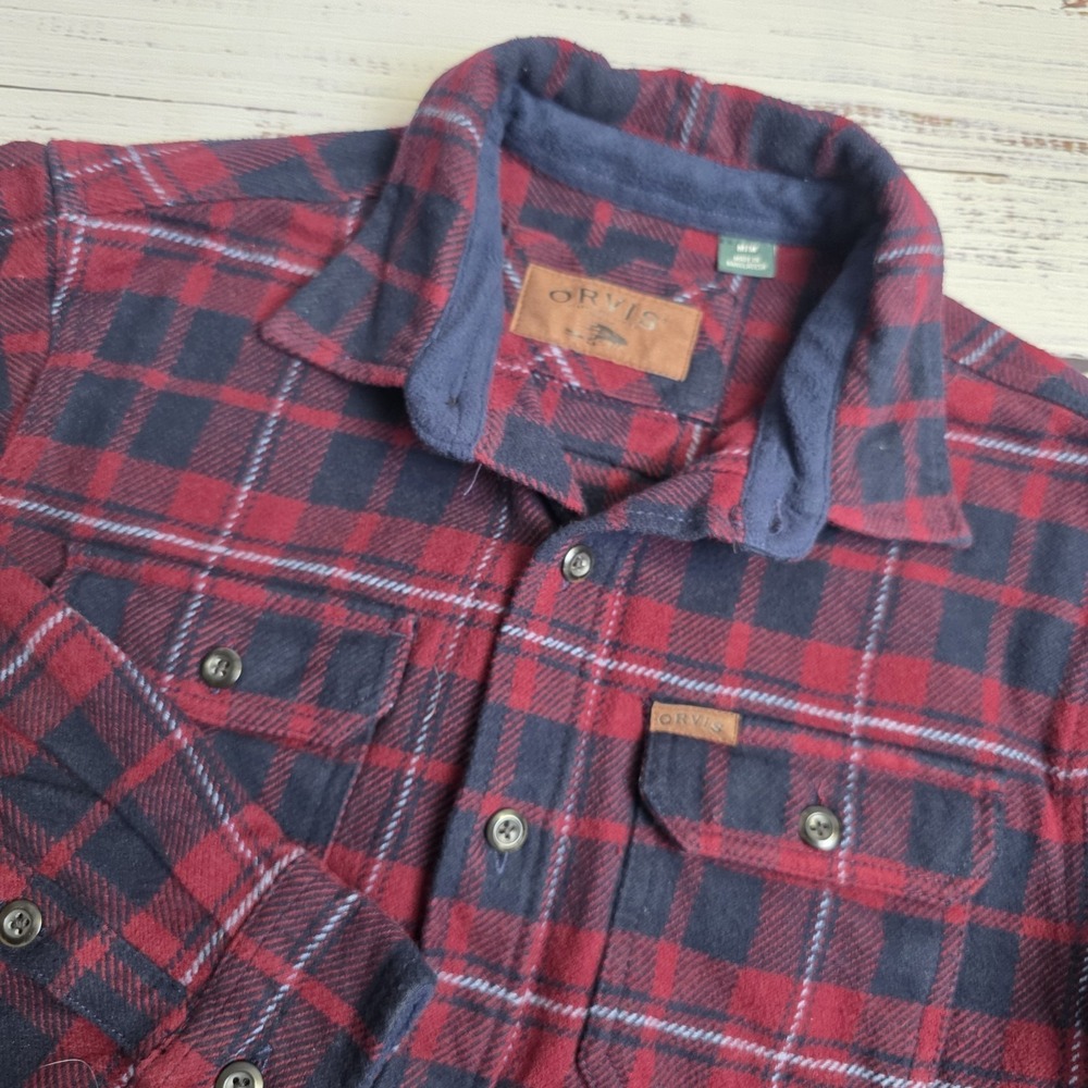 Orvis Mens Medium Flannel Shirt‎ Jacket Button Up Pockets Red Blue Plaid Pockets